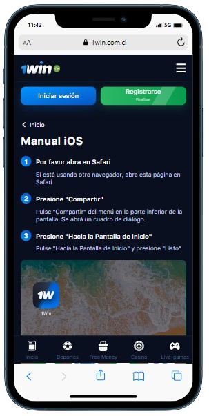 Un teléfono inteligente que muestra la página 1Win para agregar la aplicación a la página de inicio de IOS