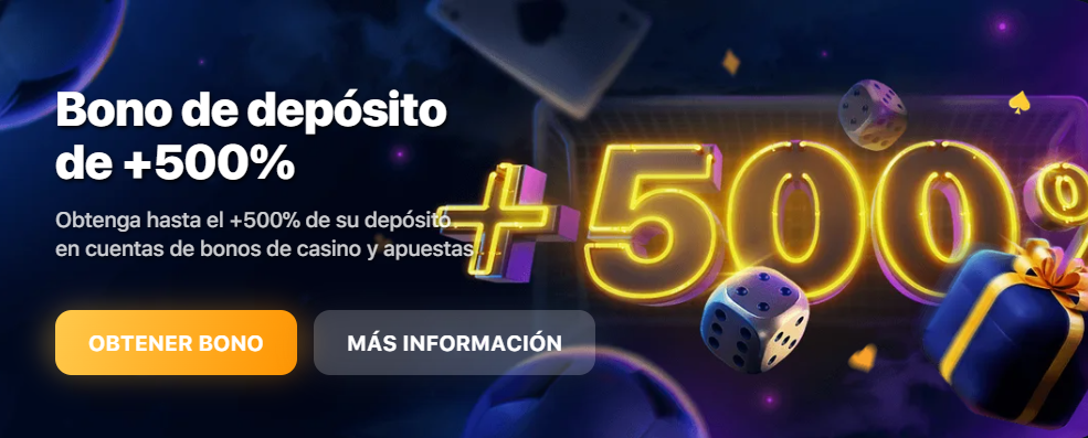 Banner promocional del casino 1Win con regalos, cubos y texto "Bono de depósito de +500%"