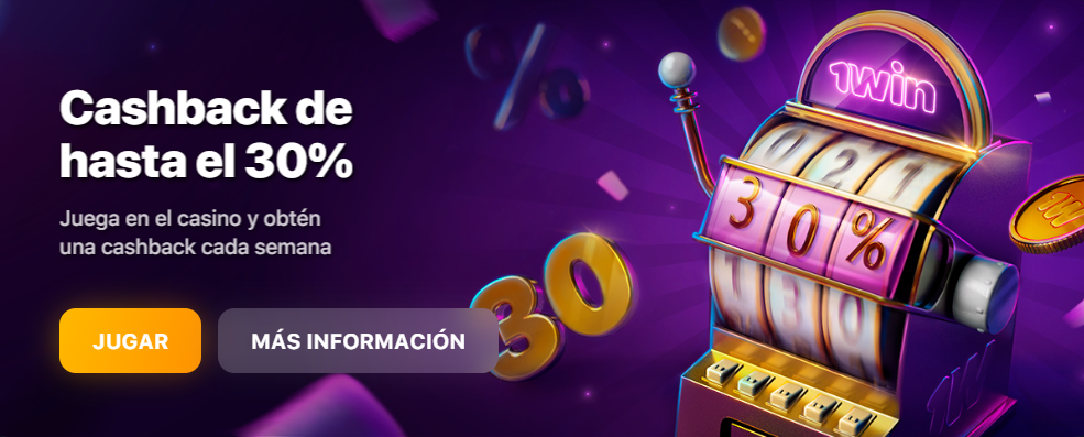 Banner promocional de 1Win casino con máquina tragamonedas, monedas y texto 'Cashback de hasta el 30%'