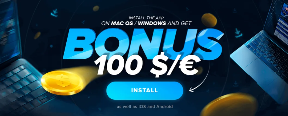 Banner promocional de 1Win casino con portátiles, monedas y texto 'Bonus 100 $/€ Install'