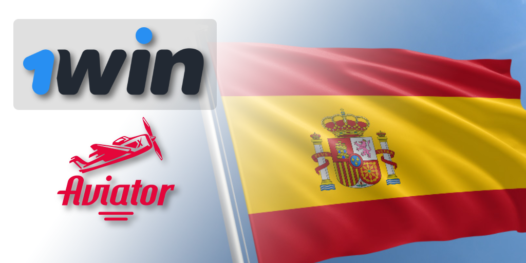 Logotipos del casino 1Win y del juego Aviator, y fondo de la bandera de España