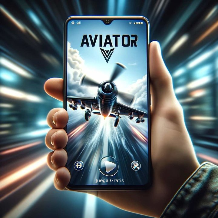 Una mano que sostiene un teléfono inteligente que muestra un avión y las palabras "Aviator" y "Play free"