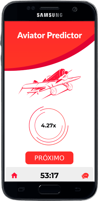 Un teléfono inteligente muestra Predictor Aviator con avión, coeficiente y botón 'Próximo'