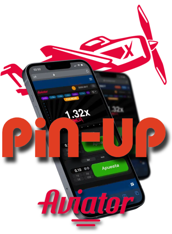 Dos teléfonos muestran un juego de bloqueo con los logotipos de Pin Up casino y Aviator