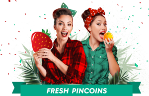 Banner promocional del Pin Up con dos chicas, frutas, hojas y texto 'Fresh pincoins'
